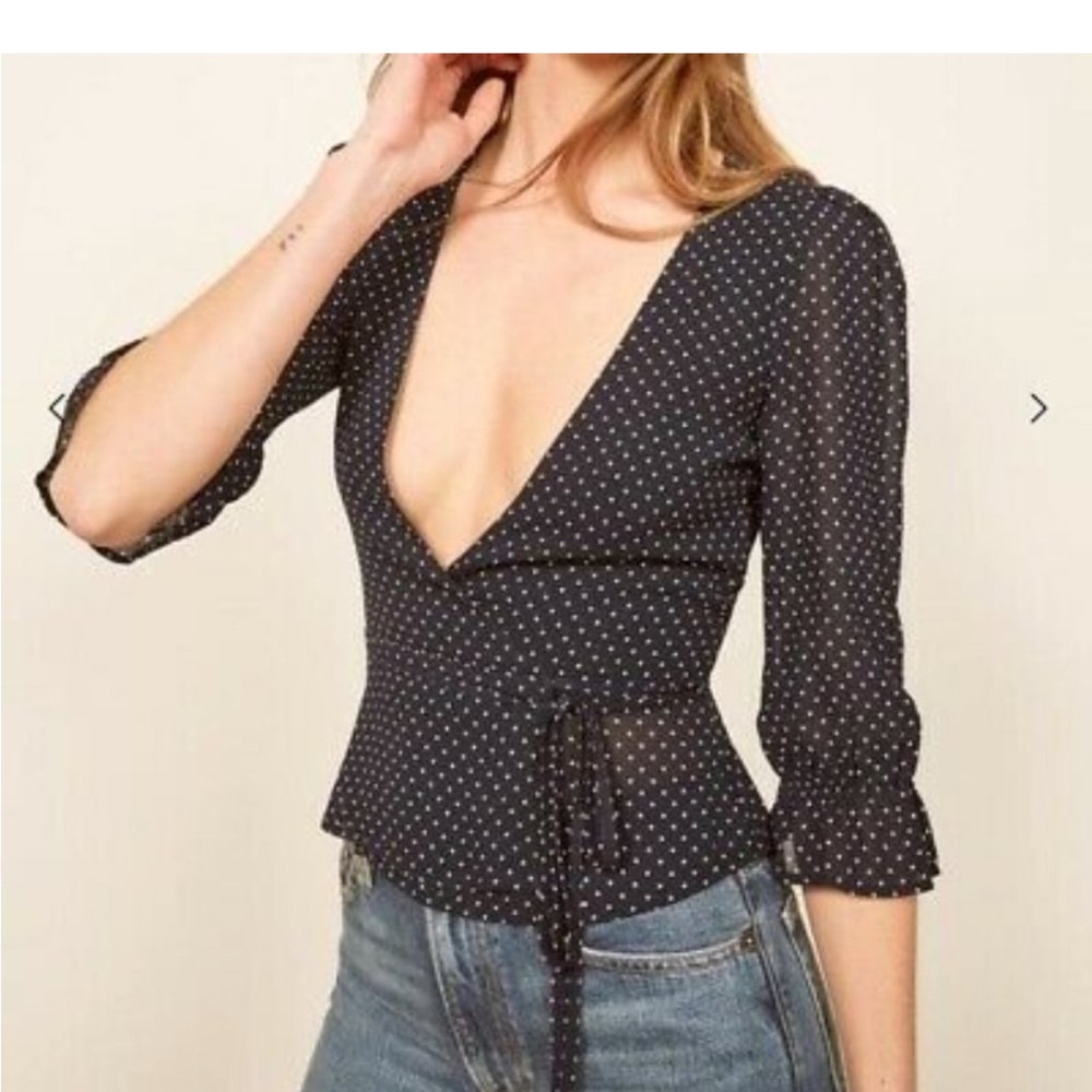 Reformation Blue and White Puff Sleeve Wrap Blouse